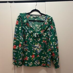 LOFT Green Floral Ruffle Blouse